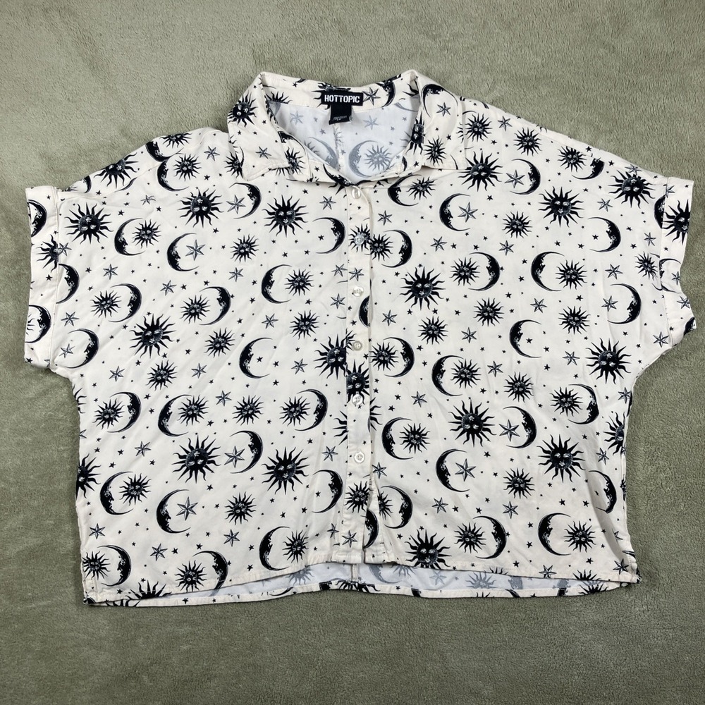 Hot‎ Topic Cream Black Celestial Boxy Crop Button-Up Whimsy Witchy Goth  Large